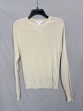 Cumran Silk Cotton Blend V-Neck Sweater Small | Beige Lightweight Ribbed Knit